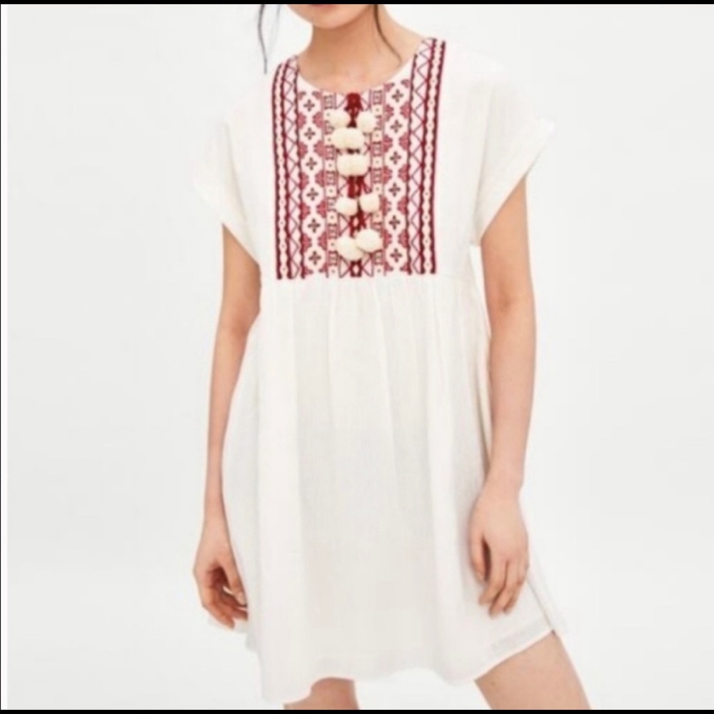 ZARA TRF White Boho Embroidered Red Cotton Dress